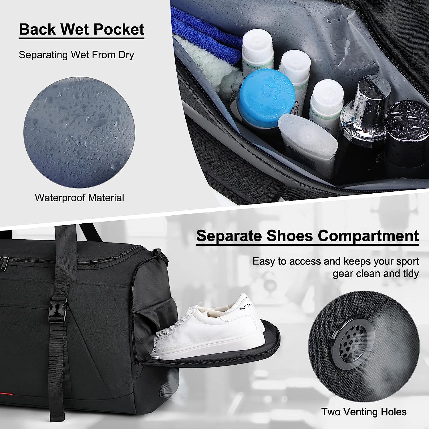 Gym Bag for Men Women 40L Water Resistant Sports Bag Gym Duffle Bag with Wet Pocket Large Travel Duffel Bag Weekender Overnight Bag with Shoe Compartment Black - Image 3